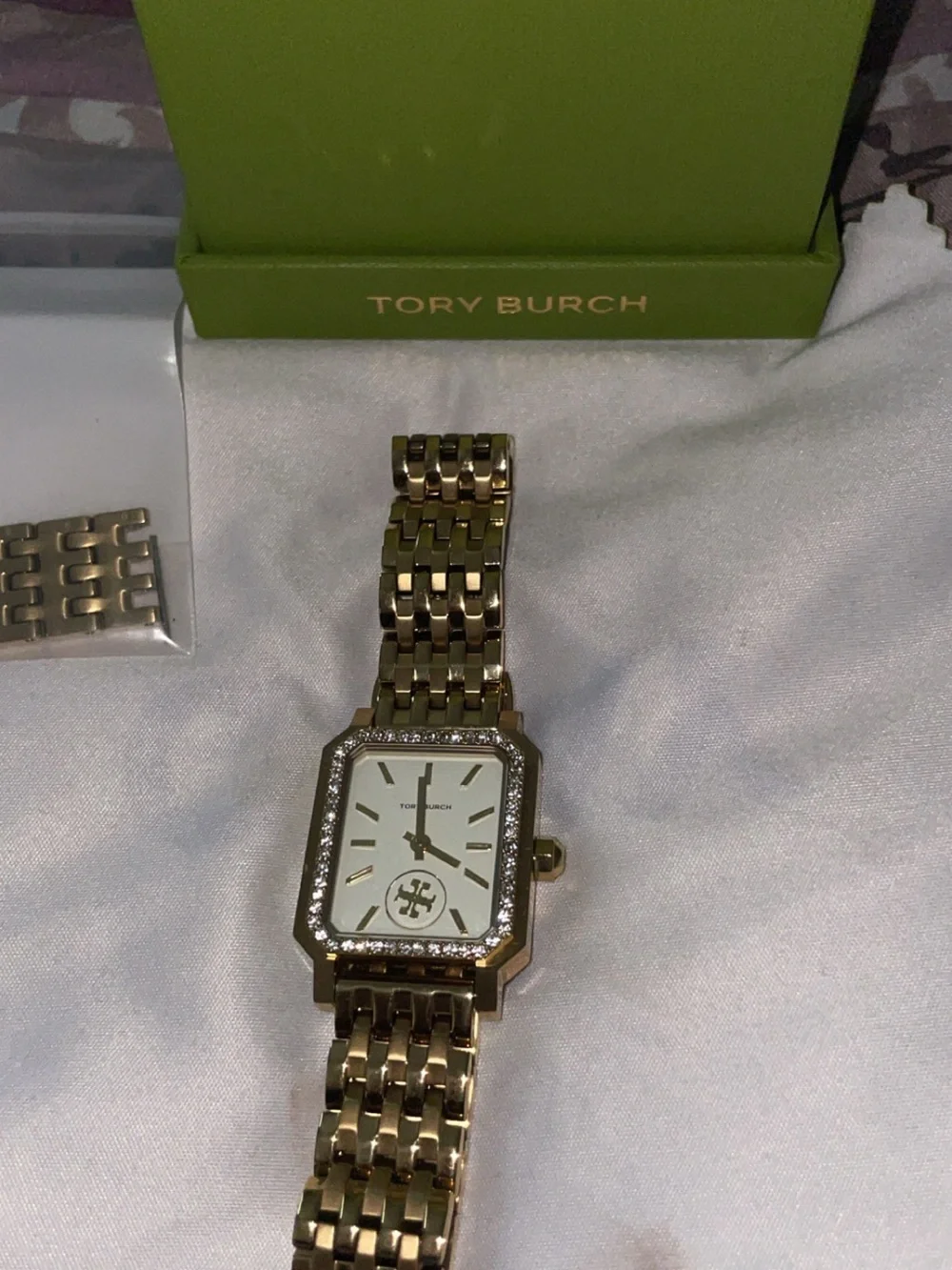 Tory Burch Goldtone Crystal-Trim Rectangular Bracelet Watch